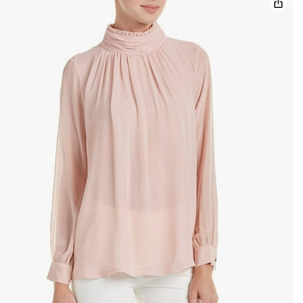Vince Camuto Sheer Long Sleeve Ruffle Neck Blouse in Rosy Flush Size Large